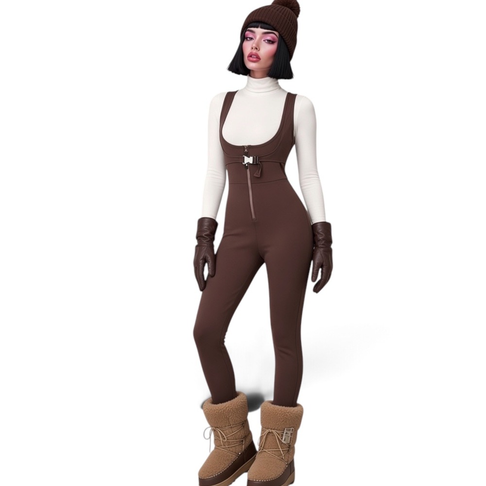ASOS 4505 Ski Suit One Piece Jumpsuit Stirrup Buckle Brown Apres Ski Snowbunny 6